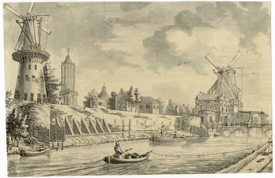 202796 Gezicht op de Stadsbuitengracht te Utrecht, met links de molen De Meiboom en rechts de Catharijnepoort en ...